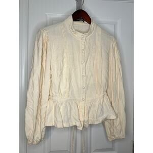 Scarlet Darkness Blouse Womens L Cream Linen Blend Victorian Peplum Tie Back Top